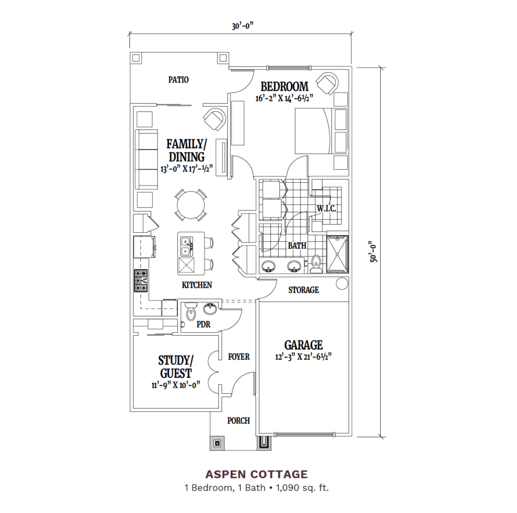 Woodhaven Village layout for the "Aspen Cottage," 1,090 total square foot apartment. Apartment includes 1 bedroom, 1 bathroom, 1 study/den, a joint kitchen, dining, and family room, a patio, and a garage.