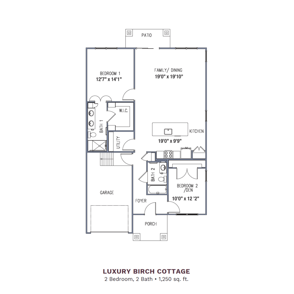 Woodhaven Village layout for the "Luxury Birch Cottage," 1,250 total square foot apartment. Apartment includes 2 bedrooms, 2 bathrooms, a joint kitchen, dining, and family room, a patio, and a garage.