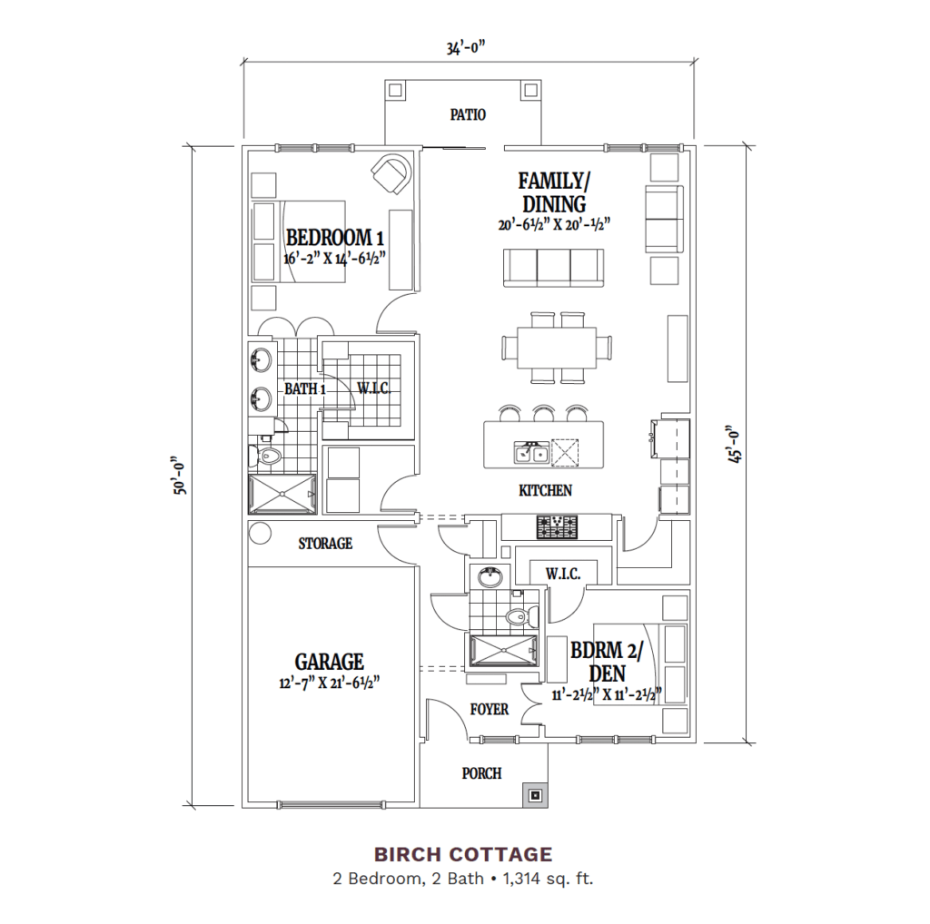 Woodhaven Village layout for the "Birch Cottage," 1,314 total square foot apartment. Apartment includes 2 bedrooms, 2 bathrooms, a joint kitchen, dining, and family room, a patio, and a garage.