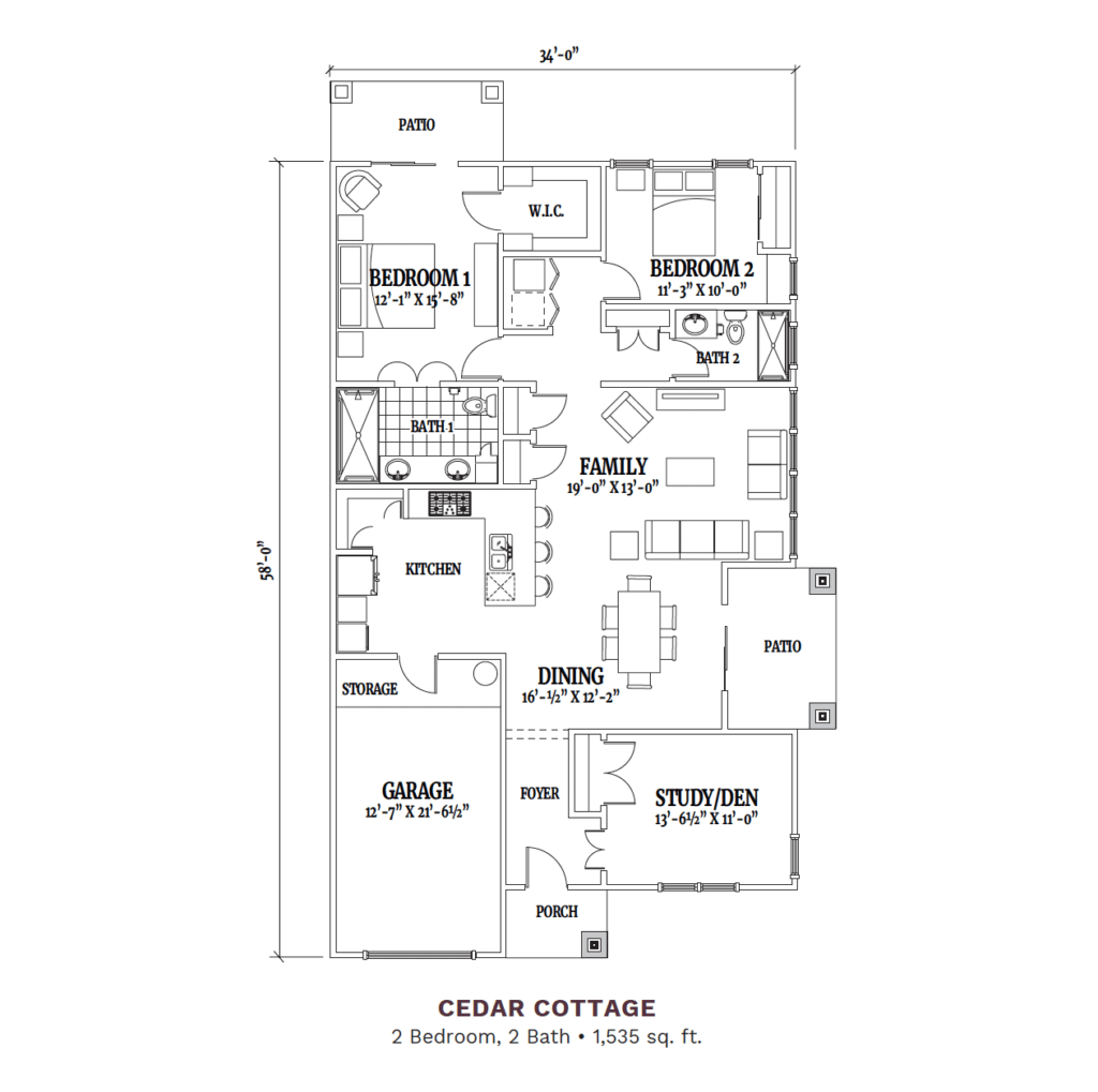 Woodhaven Village layout for the "Cedar Cottage," 1,535 total square foot apartment. Apartment includes 2 bedrooms, 2 bathrooms, a studio/den, a joint kitchen, dining, and family room, 2 patios, and a garage.