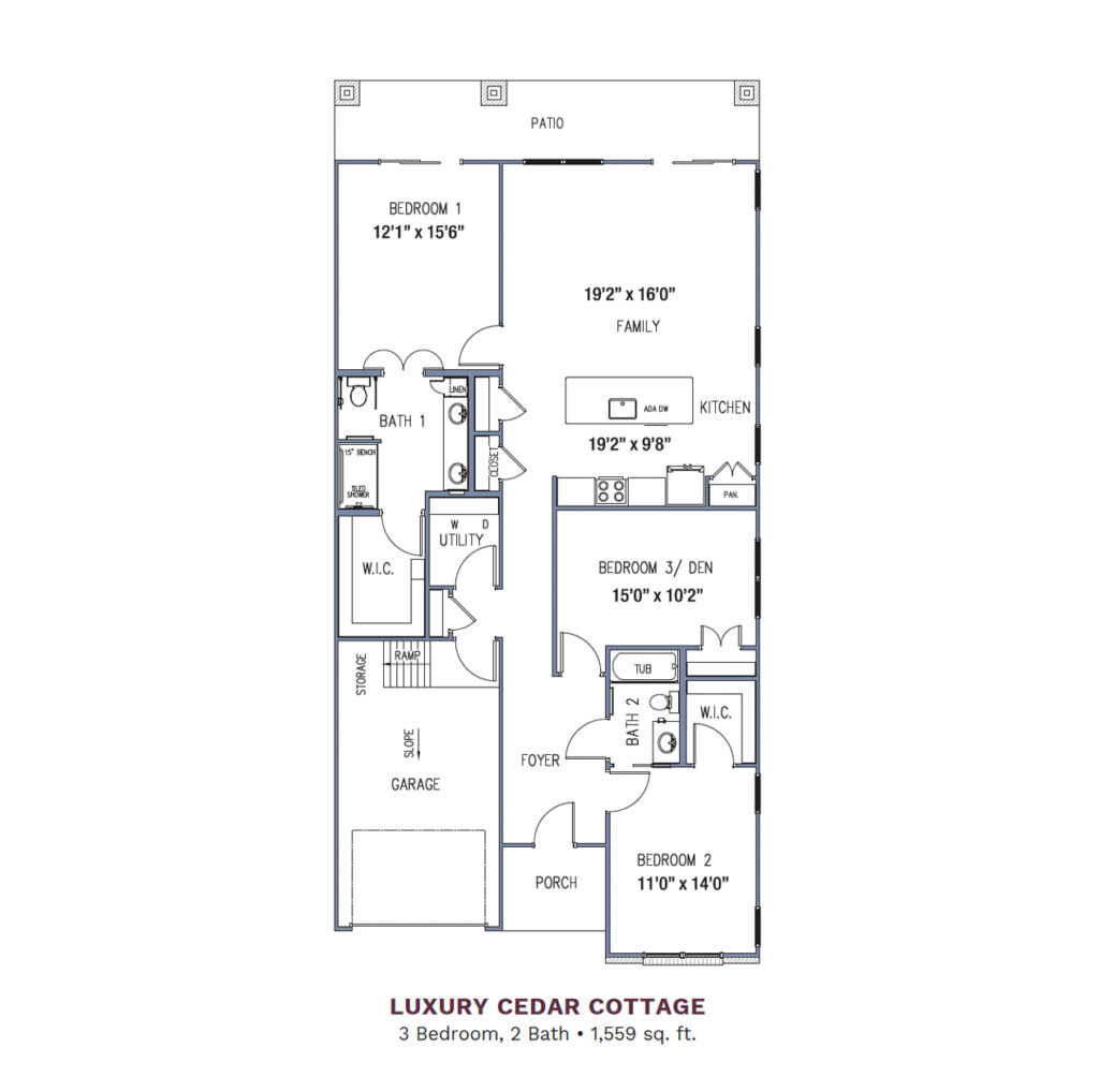 Woodhaven Village layout for the "Luxury Cedar Cottage," 1,559 total square foot apartment. Apartment includes 3 bedrooms, 2 bathrooms, a joint kitchen and family room, patio, and garage.