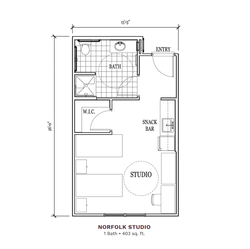 Woodhaven Village layout for the "Norfolk Studio," 403 total square foot apartment. Apartment includes a joint bedroom, kitchen, living space, and 1 bathroom.