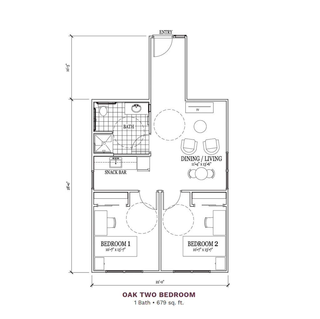 Woodhaven Village layout for the "Oak Two Bedroom," 679 total square foot apartment. Apartment includes 2 bedrooms, 1 bathroom, and a joint kitchenette and living space.