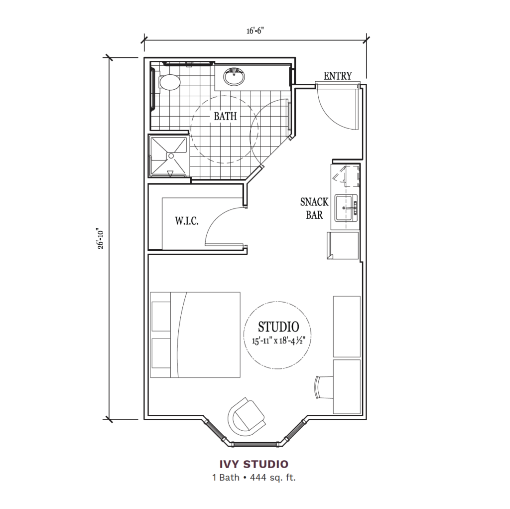 Woodhaven Village layout for the "Ivy Studio," 444 total square foot apartment. Apartment includes a joint bedroom, kitchen, living space, and 1 bathroom.