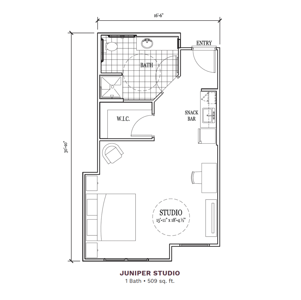 Woodhaven Village layout for the "Juniper Studio," 509 total square foot apartment. Apartment includes a joint bedroom, kitchen, living space, and 1 bathroom.