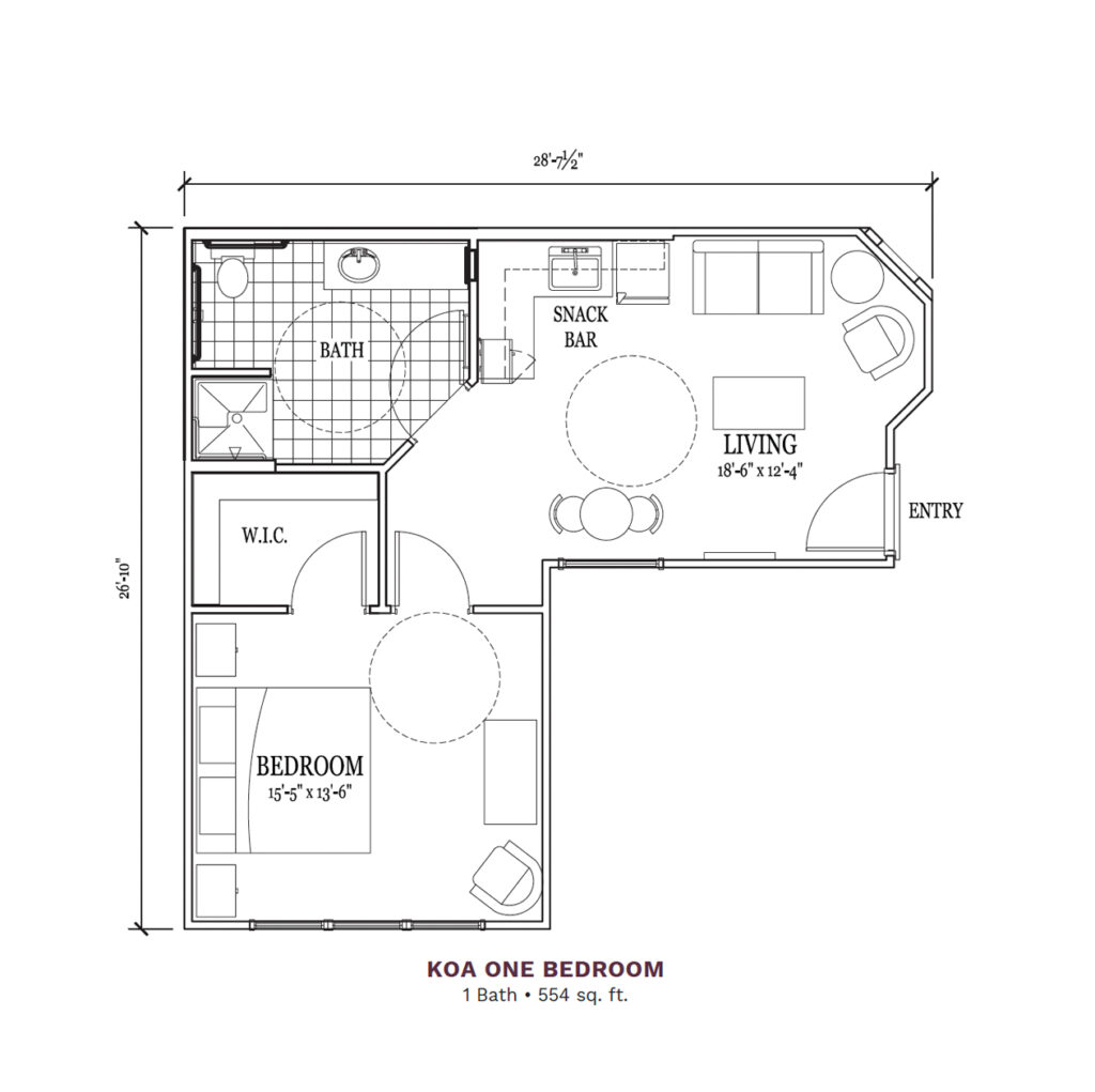 Woodhaven Village layout for the "Koa One Bedroom," 554 total square foot apartment. Apartment includes 1 bedroom, 1 bathroom, and a joint kitchen and living space.