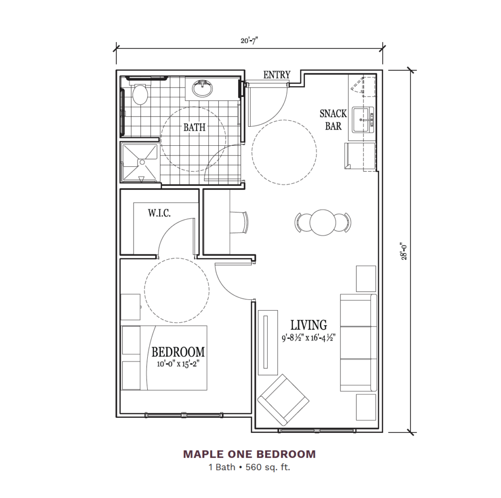 Woodhaven Village layout for the "Maple One Bedroom," 560 total square foot apartment. Apartment includes 1 bedroom, 1 bathroom, and a joint kitchen and living space.
