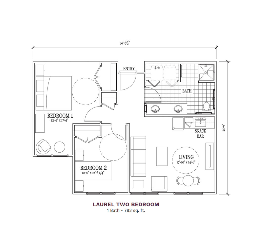 Woodhaven Village layout for the "Laurel Two Bedroom," 783 total square foot apartment. Apartment includes 2 bedrooms, 1 bathroom, and a joint kitchenette and living space.