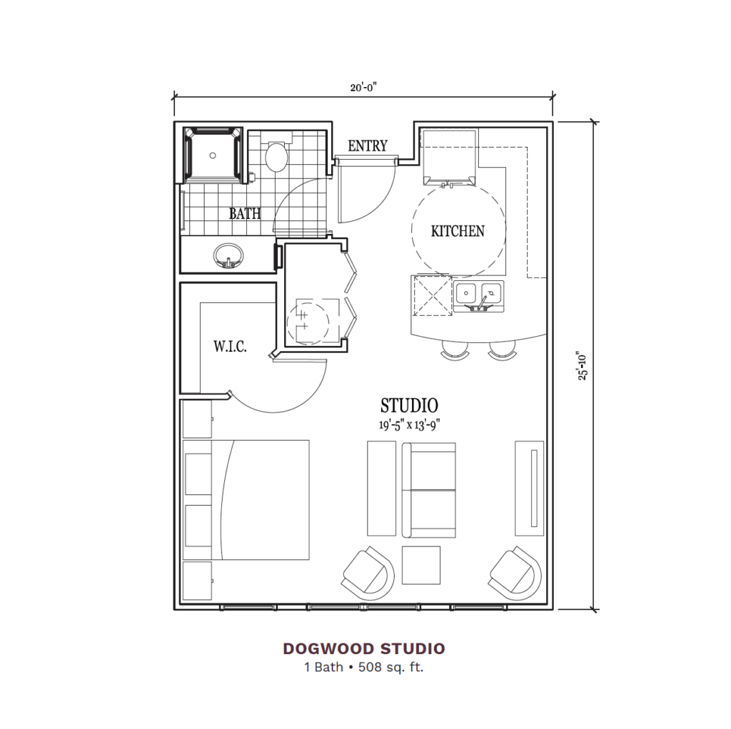 Woodhaven Village layout for the "Dogwood Studio," 508 total square foot apartment. Apartment includes a joint bedroom, kitchen, living space, and 1 bathroom.