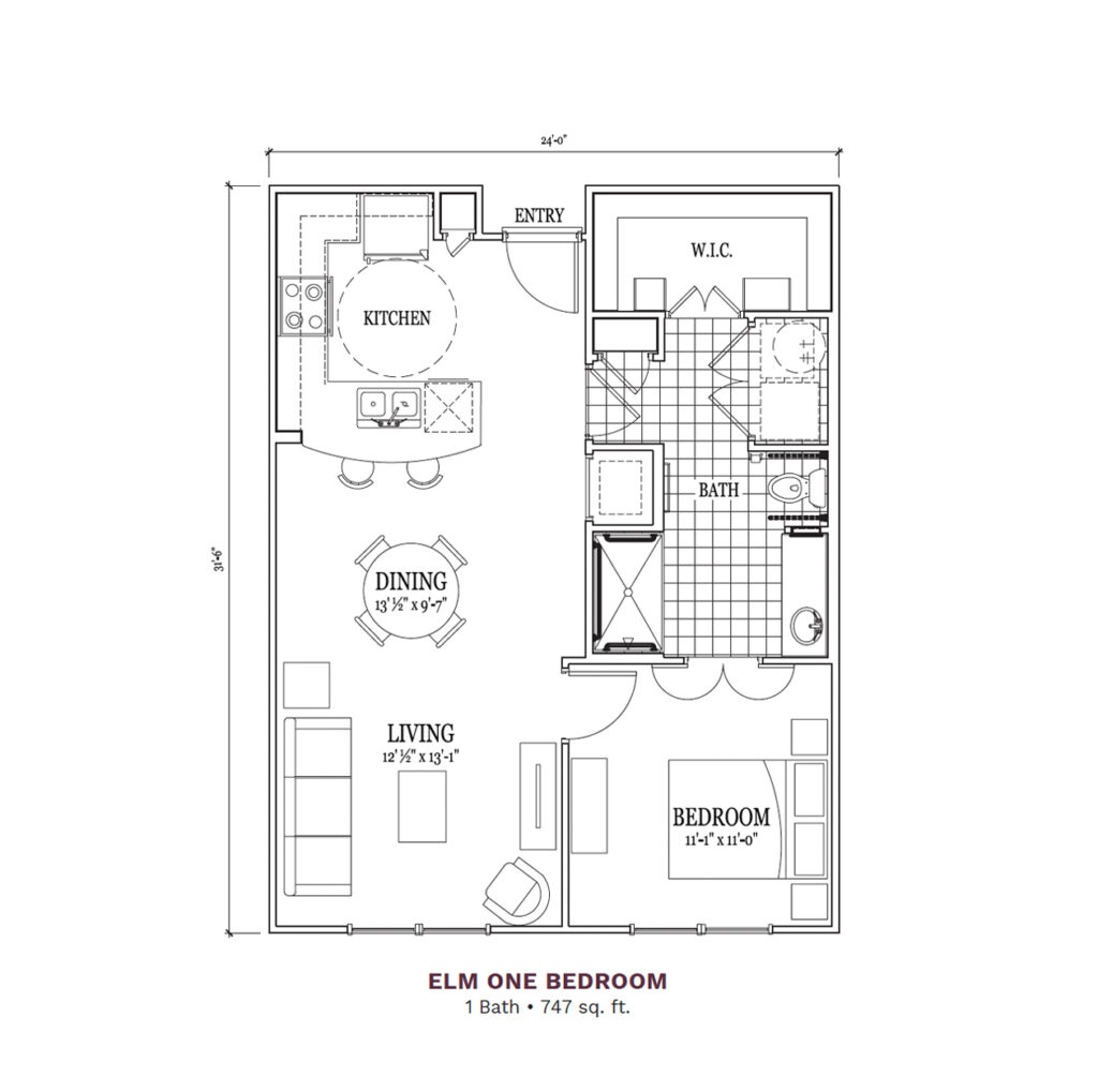 Woodhaven Village layout for the "Elm One Bedroom," 747 total square foot apartment. Apartment includes 1 bedroom, 1 bathroom, and a joint kitchen and living space.