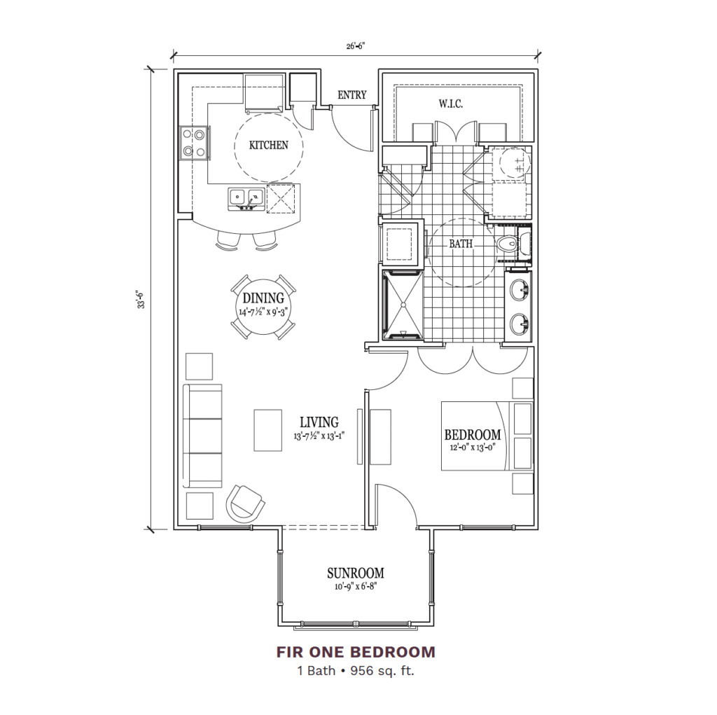 Woodhaven Village layout for the "Fir One Bedroom," 956 total square foot apartment. Apartment includes 1 bedroom, 1 bathroom, and a joint kitchen and living space.