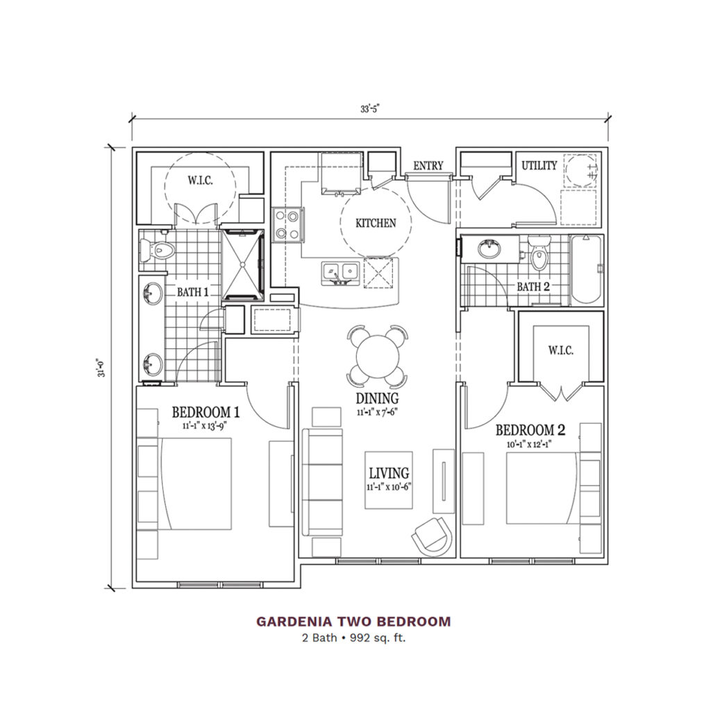 Woodhaven Village layout for the "Gardenia Two Bedroom," 992 total square foot apartment. Apartment includes 2 bedrooms, 2 bathrooms, and a joint kitchen and living space.