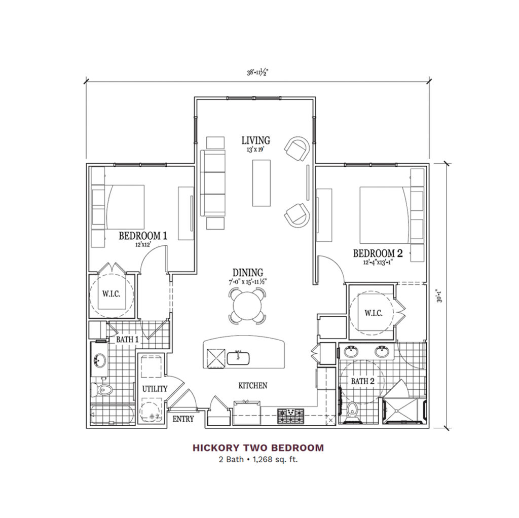 Woodhaven Village layout for the "Hickory Two Bedroom," 1,268 total square foot apartment. Apartment includes 2 bedrooms, 2 bathrooms, and a joint kitchen and living space.