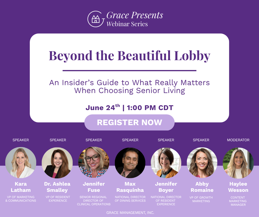 Promotional banner for Grace Presents Webinar Series: 'Beyond the Beautiful Lobby' with the date June 24, 1:00 PM CDT and a prominent Register Now button; features headshots and titles of seven speakers: Kara Latham, Dr. Ashlea Smalley, Jennifer Fuse, Max Rasquinha, Jennifer Bover, Abby Romaine, and Haylee Wesson.